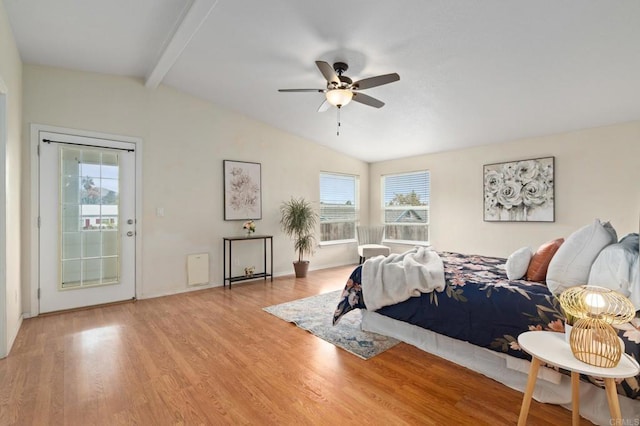 bedroom featuring lofted ceiling with beams, ceiling fan, access to outside, and light wood-type flooring