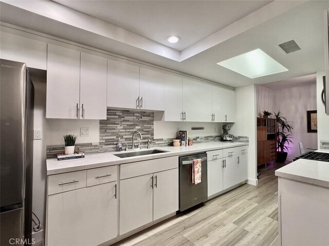 1137 Tiffany Cir S, Palm Springs, CA 92262 - kitchen with appliances with stainless steel finishes, a sink, light countertops, light wood-type flooring, and white cabinetry
