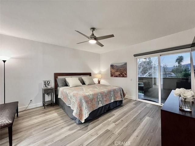 bedroom with ceiling fan, access to outside, light wood finished floors, and baseboards