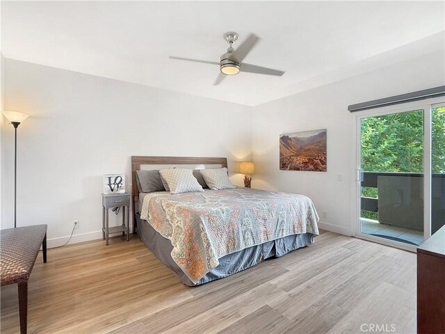 1137 Tiffany Cir S, Palm Springs, CA 92262 - bedroom featuring access to exterior, light wood-style floors, and ceiling fan