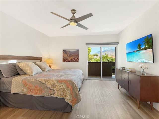 1137 Tiffany Cir S, Palm Springs, CA 92262 - bedroom featuring access to outside, light wood-type flooring, and a ceiling fan