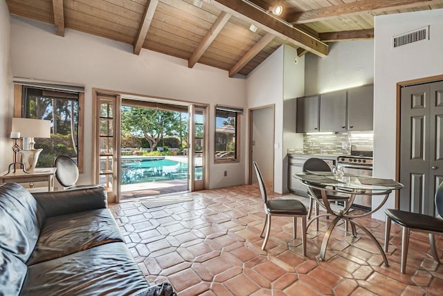 interior space with wood ceiling, high vaulted ceiling, stainless steel range with gas stovetop, tasteful backsplash, and beamed ceiling