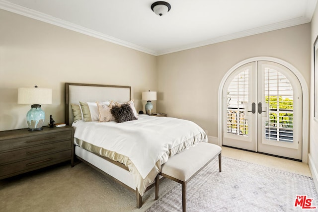 bedroom featuring crown molding, light colored carpet, access to exterior, and french doors