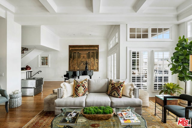 living room with a healthy amount of sunlight, ornamental molding, dark hardwood / wood-style floors, and beam ceiling