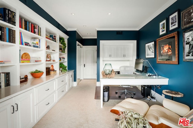 office with light colored carpet and ornamental molding