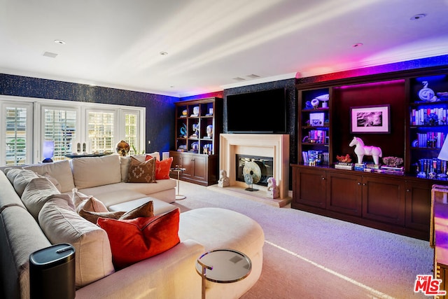 living room featuring carpet floors and a fireplace