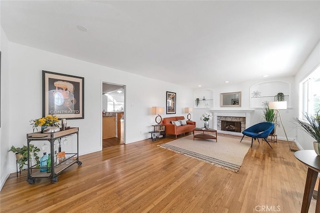 living room featuring a stone fireplace and light hardwood / wood-style flooring