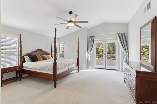 bedroom with lofted ceiling, access to outside, light carpet, and ceiling fan