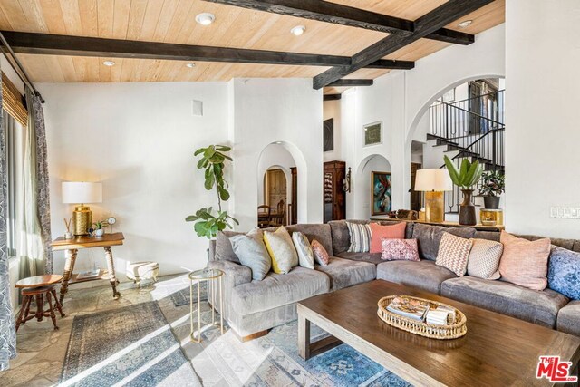 living room featuring wood ceiling and beam ceiling