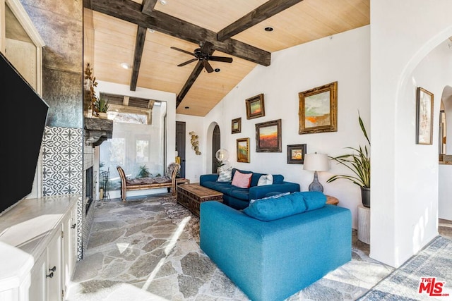 living room with lofted ceiling with beams, ceiling fan, and wood ceiling