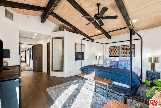 bedroom with vaulted ceiling with beams, wood ceiling, and dark hardwood / wood-style floors