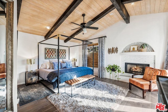 bedroom featuring wood-type flooring, lofted ceiling with beams, and wooden ceiling