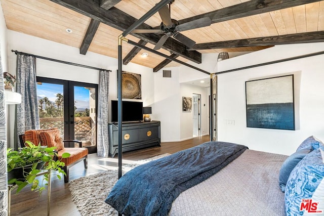 bedroom featuring vaulted ceiling with beams, wood ceiling, french doors, and access to exterior