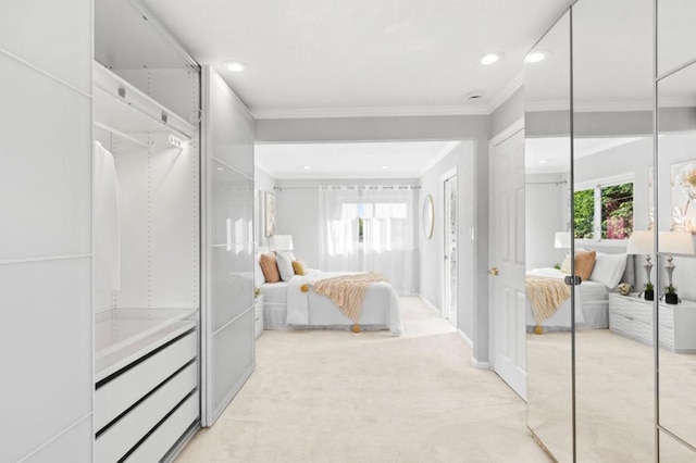 bedroom with multiple windows, ornamental molding, light carpet, and a closet