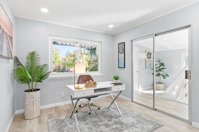 office space with light hardwood / wood-style floors