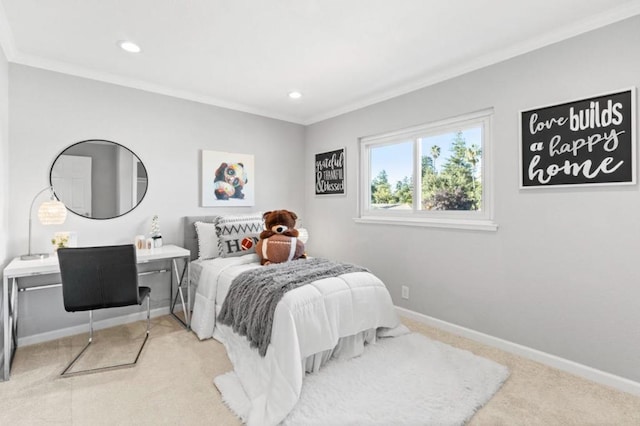 bedroom featuring crown molding and carpet floors