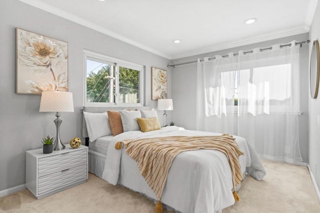 carpeted bedroom with ornamental molding