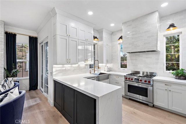 kitchen with plenty of natural light, designer stove, light countertops, white cabinetry, and a sink