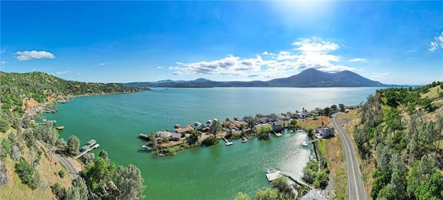 drone / aerial view with a water and mountain view