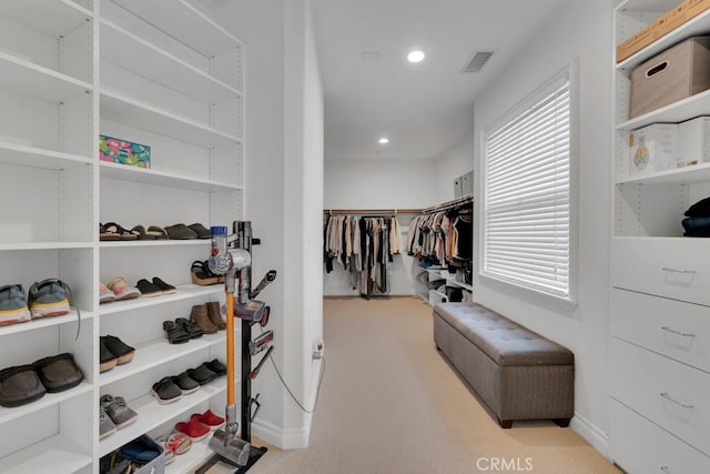 walk in closet with light colored carpet