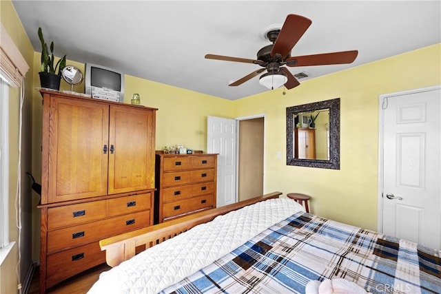 bedroom with ceiling fan and visible vents