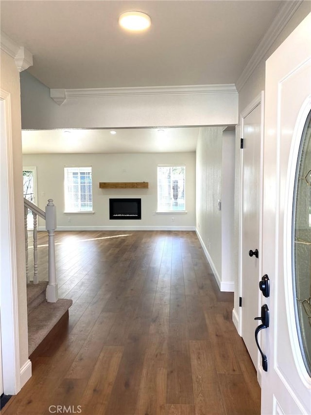 unfurnished living room with ornamental molding and dark hardwood / wood-style floors