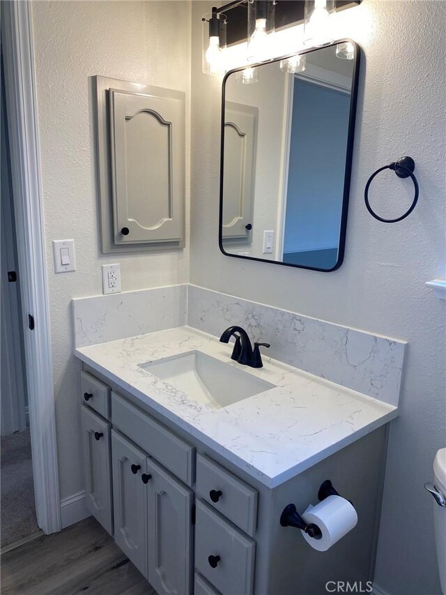 bathroom featuring vanity, toilet, and wood-type flooring