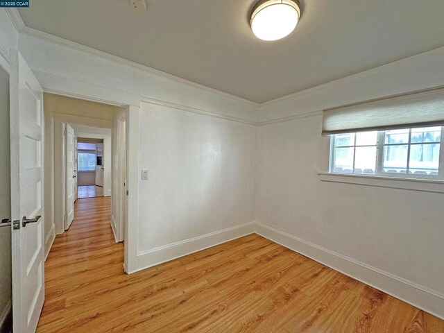 spare room featuring ornamental molding and light hardwood / wood-style floors