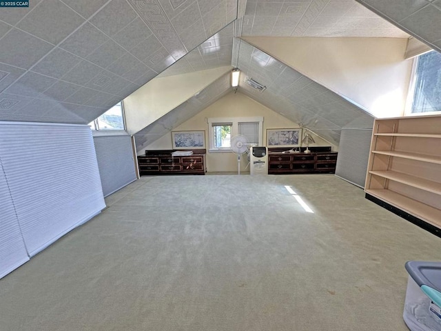 additional living space featuring vaulted ceiling and carpet floors