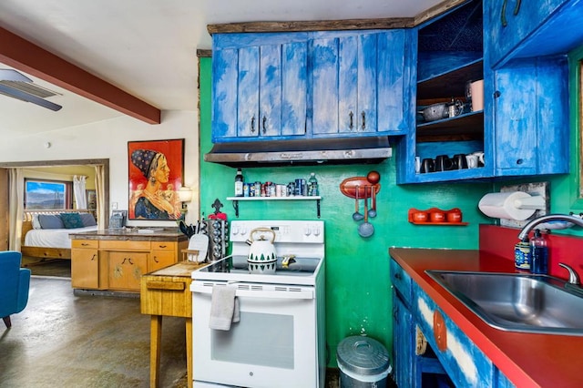 kitchen featuring sink, vaulted ceiling with beams, and electric stove