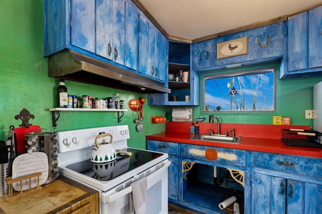 kitchen featuring blue cabinetry, sink, and electric range