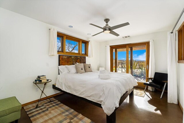 bedroom featuring access to outside and ceiling fan