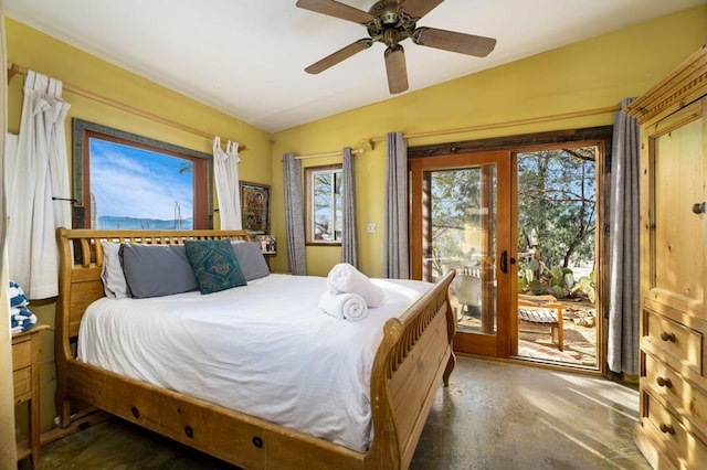 bedroom with ceiling fan and access to exterior