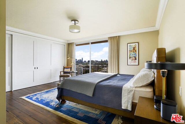 bedroom featuring crown molding, dark wood-type flooring, and a closet