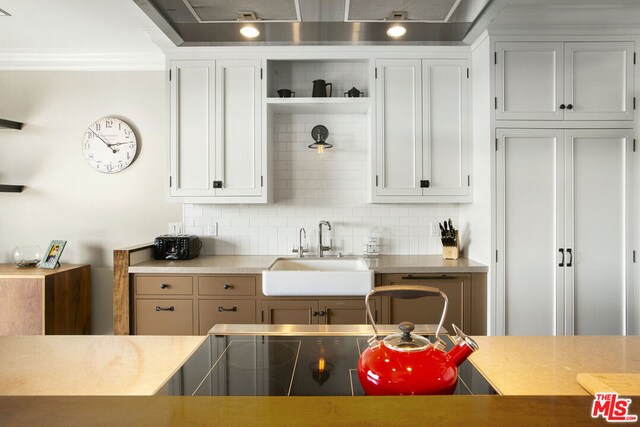 kitchen featuring tasteful backsplash, sink, and white cabinets