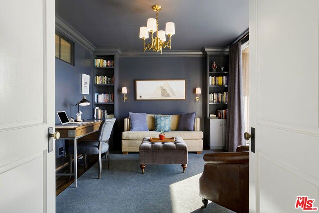 office area featuring an inviting chandelier, ornamental molding, and carpet floors