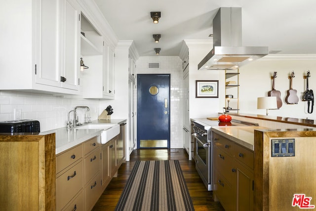 kitchen featuring sink, white cabinetry, dark hardwood / wood-style floors, island exhaust hood, and stainless steel appliances