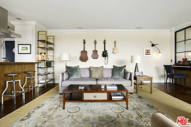 living room featuring ornamental molding and dark hardwood / wood-style floors