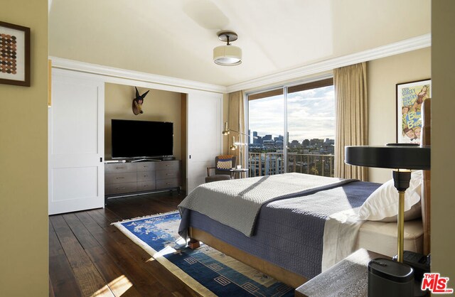 bedroom featuring a closet, ornamental molding, and dark hardwood / wood-style floors