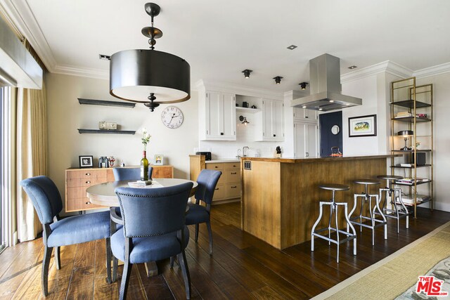 interior space with crown molding, island range hood, white cabinets, and dark hardwood / wood-style flooring