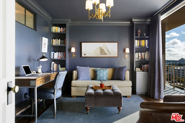 office space featuring crown molding and a chandelier