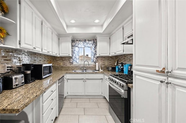 kitchen featuring white cabinetry, sink, light stone counters, a tray ceiling, and stainless steel appliances