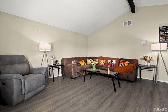 living room with vaulted ceiling with beams and dark hardwood / wood-style floors