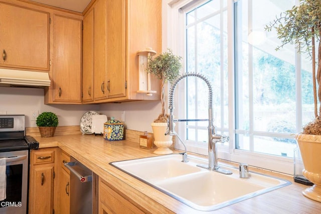 kitchen featuring butcher block countertops, sink, plenty of natural light, and stainless steel appliances