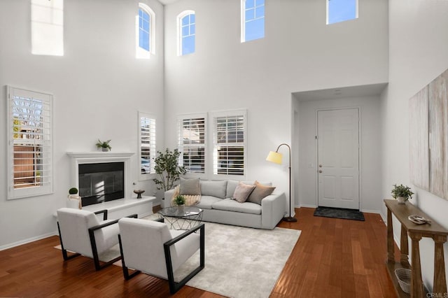 living room with dark hardwood / wood-style flooring