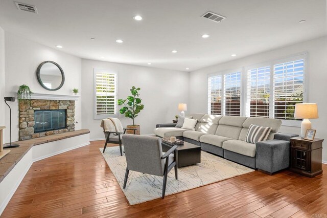 living room featuring a stone fireplace and wood-type flooring