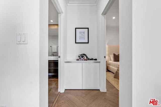 hallway featuring parquet flooring