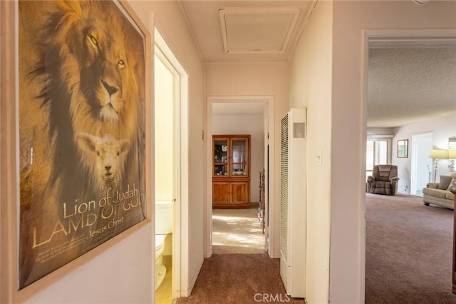 hallway featuring dark colored carpet and a textured ceiling