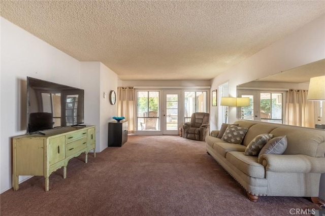 living room with carpet floors, french doors, and a healthy amount of sunlight