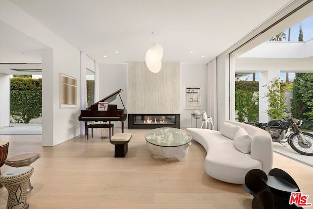 living area with a large fireplace and light hardwood / wood-style flooring